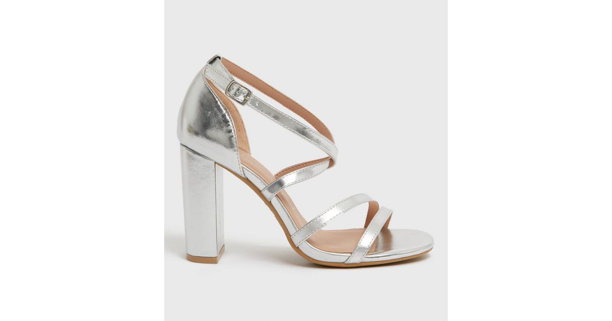 Silver Wide Fit Strappy High Block Heeled Sandals