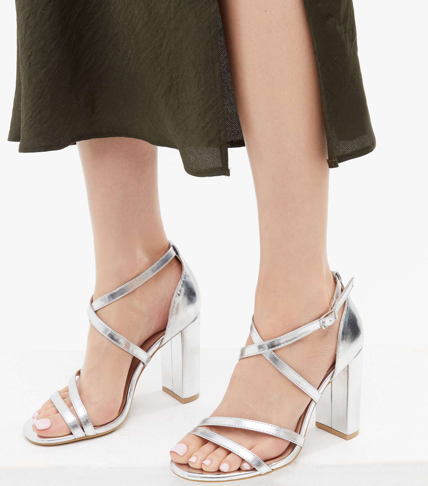 Wide Fit Silver Strappy Block Heel Sandals Image 2