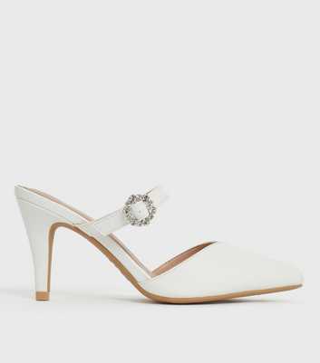 Wide Fit White Leather-Look Diamanté Buckle Heel Mules