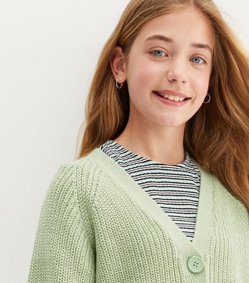 Girls Light Green Chunky Knit Button Cardigan New Look