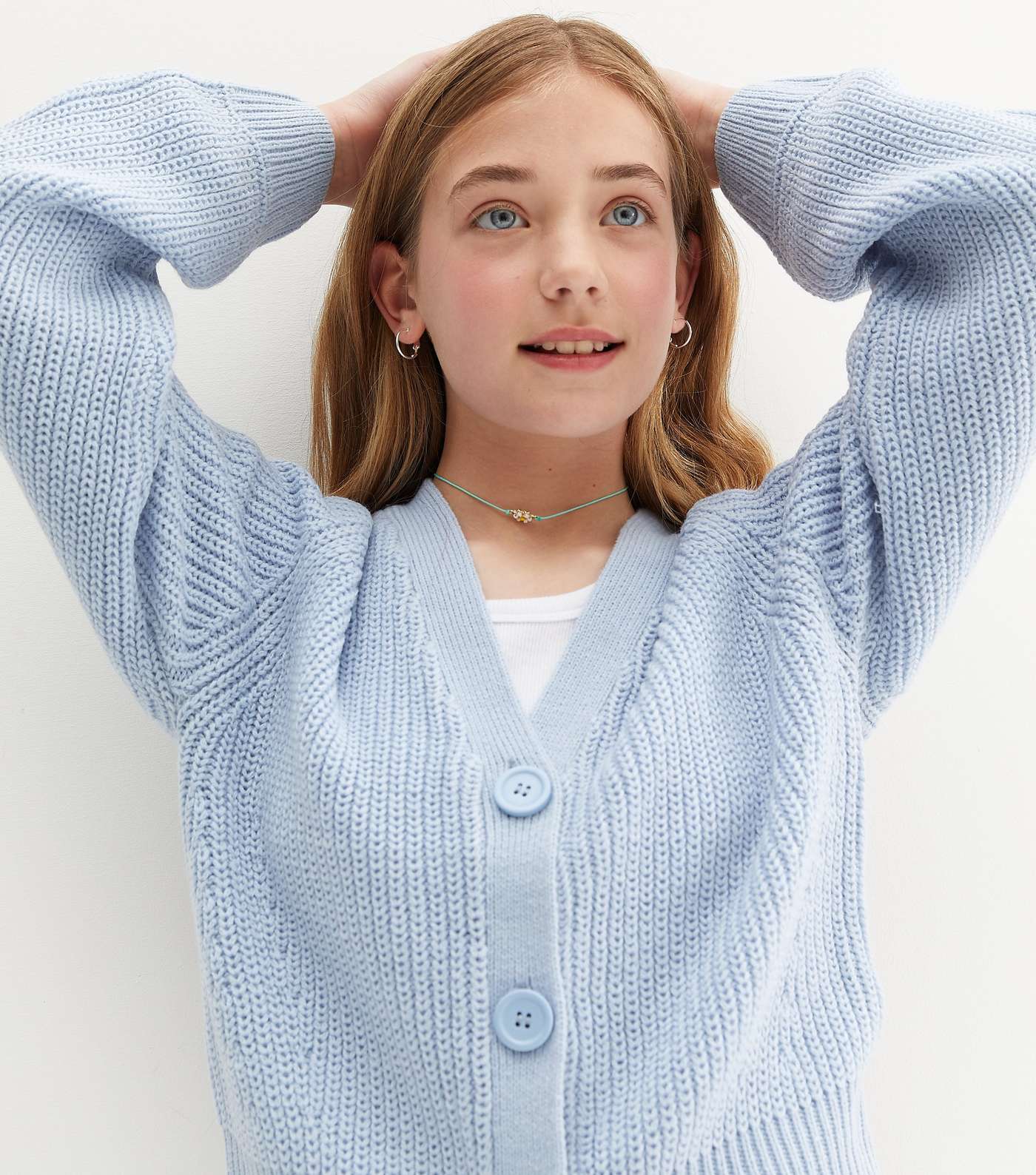 Girls Pale Blue Chunky Knit Button Cardigan