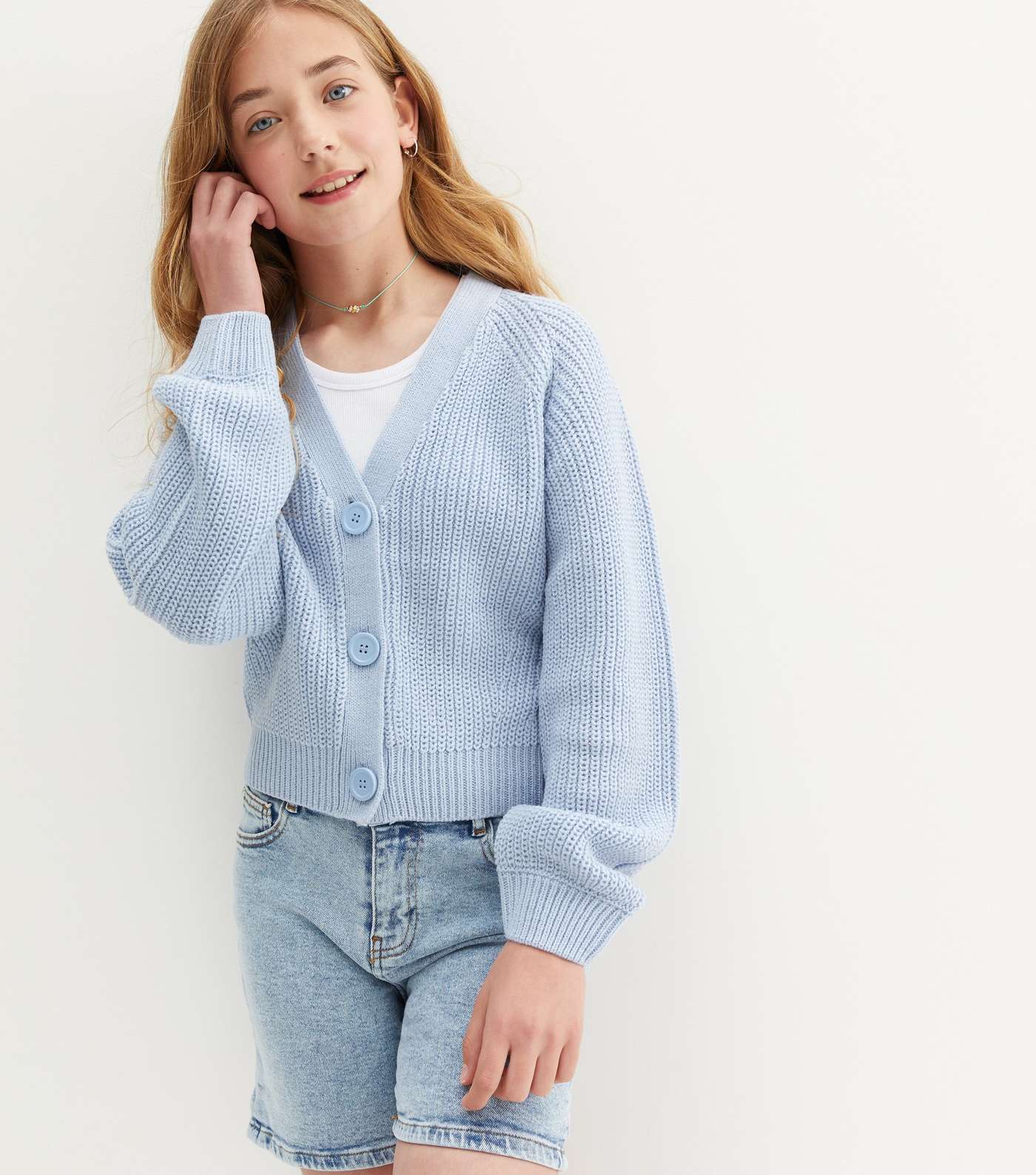 Girls Pale Blue Chunky Knit Button Cardigan Image 3