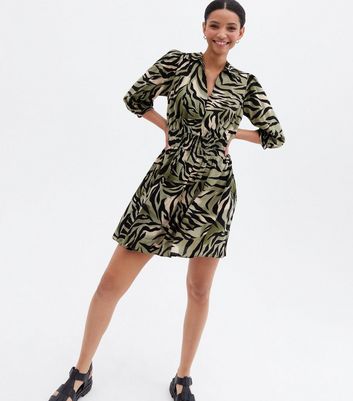 Green Zebra Print Shirred Collared Mini Dress