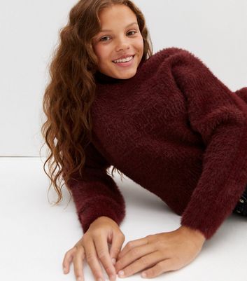 Girls Burgundy Fluffy Crew Neck Jumper 
