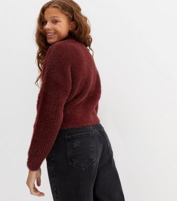 Girls Burgundy Fluffy Crew Neck Jumper 