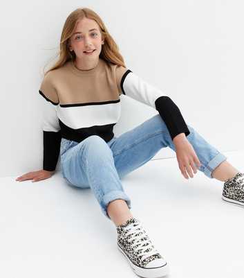 Girls Brown Colour Block Crew Neck Jumper