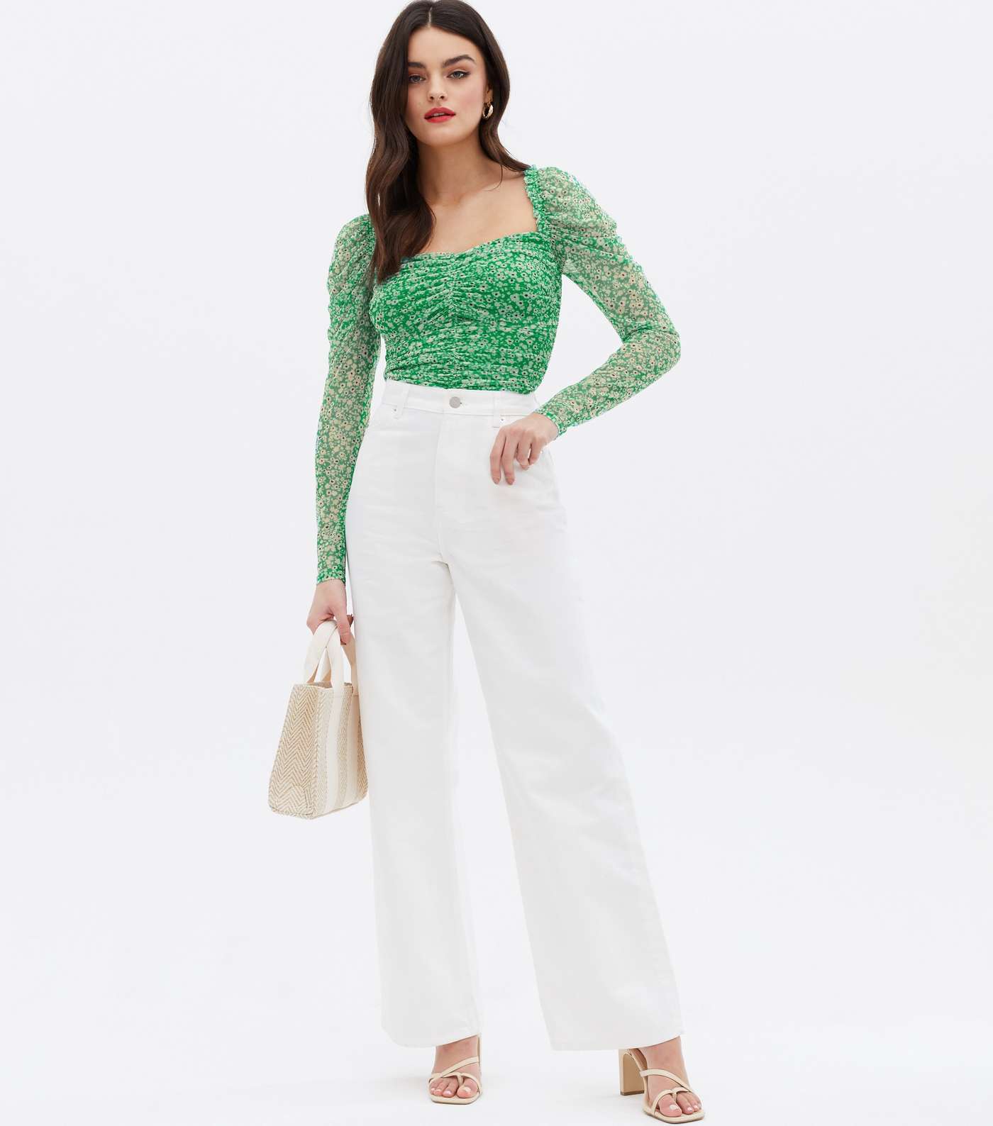 Green Ditsy Floral Mesh Ruched Crop Top Image 2