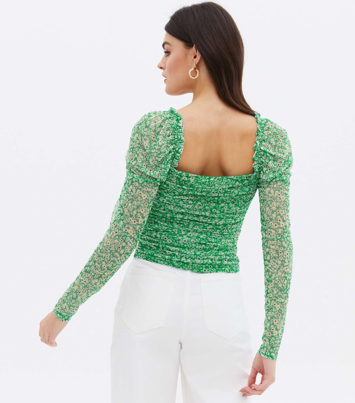Green Ditsy Floral Mesh Ruched Crop Top Image 4