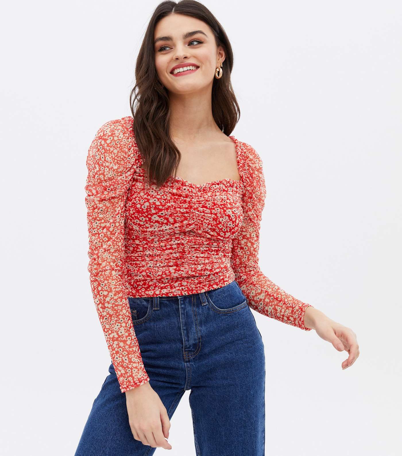 Red Ditsy Floral Mesh Ruched Crop Top