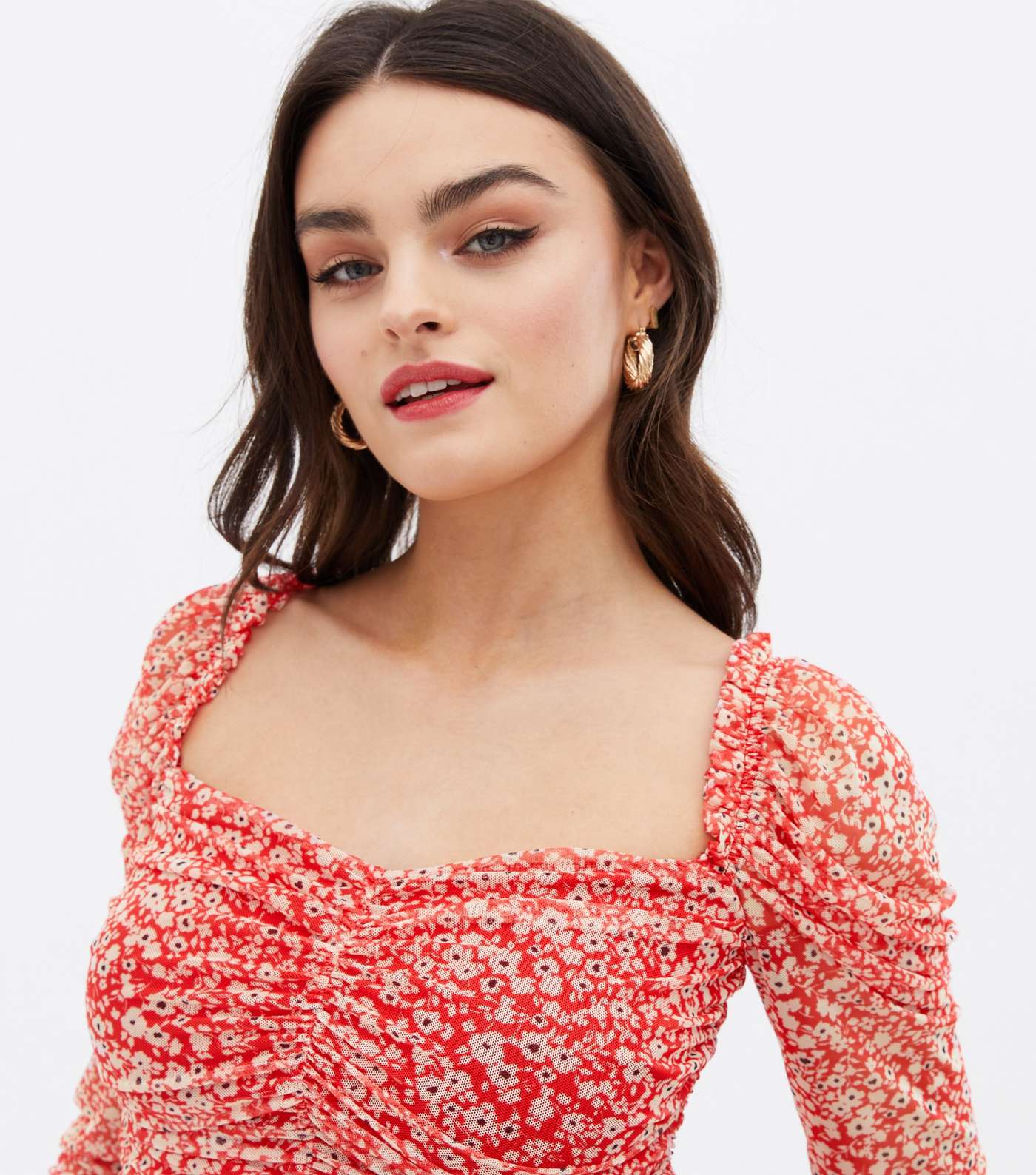 Red Ditsy Floral Mesh Ruched Crop Top Image 3