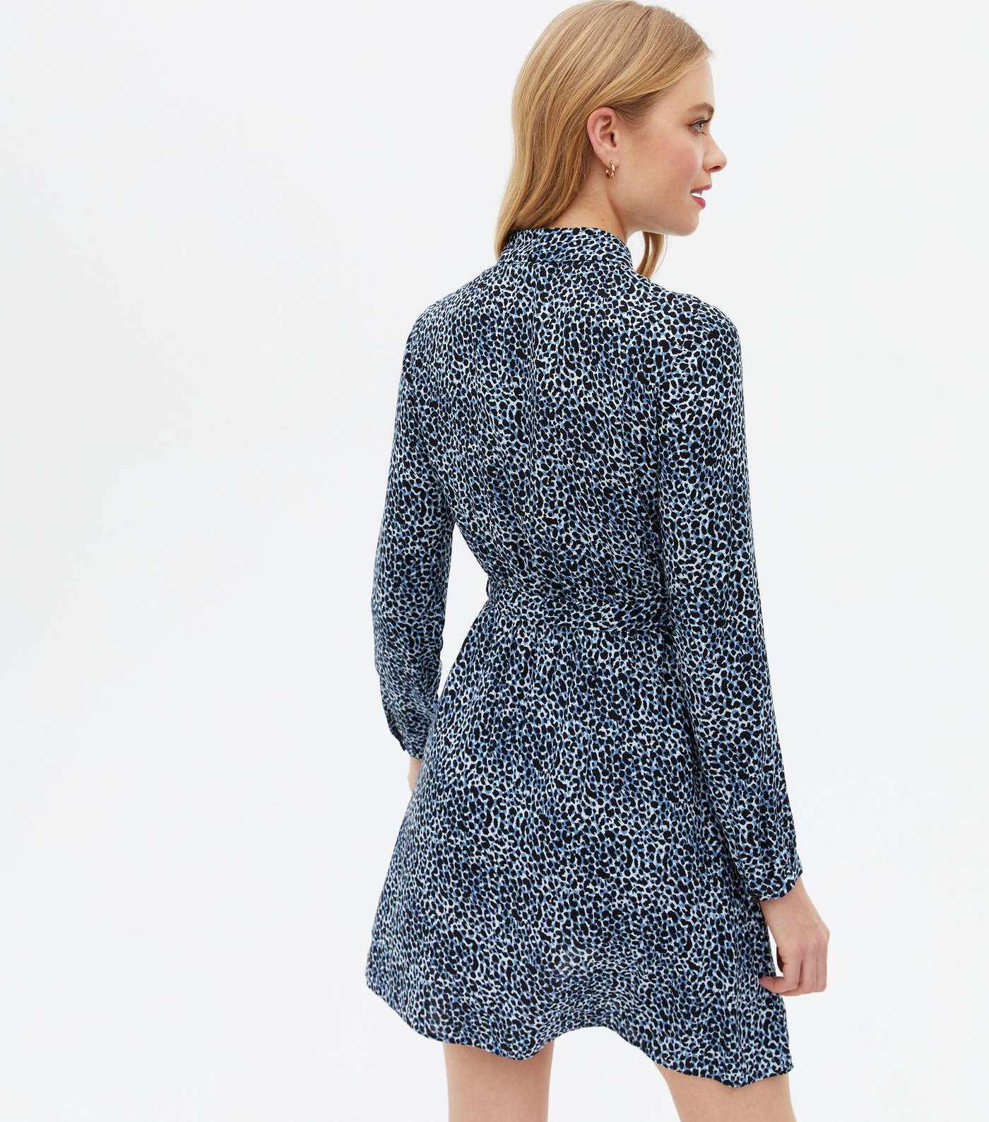Blue Leopard Print Belted Mini Shirt Dress Image 4