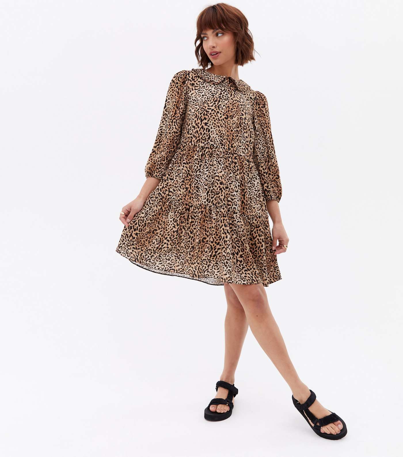Brown Leopard Print Collared 3/4 Sleeve Mini Smock Dress Image 2
