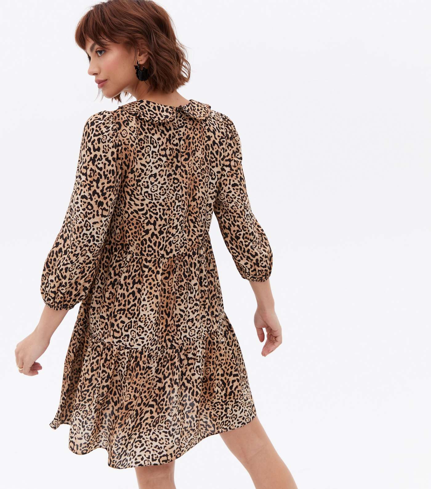Brown Leopard Print Collared 3/4 Sleeve Mini Smock Dress Image 4