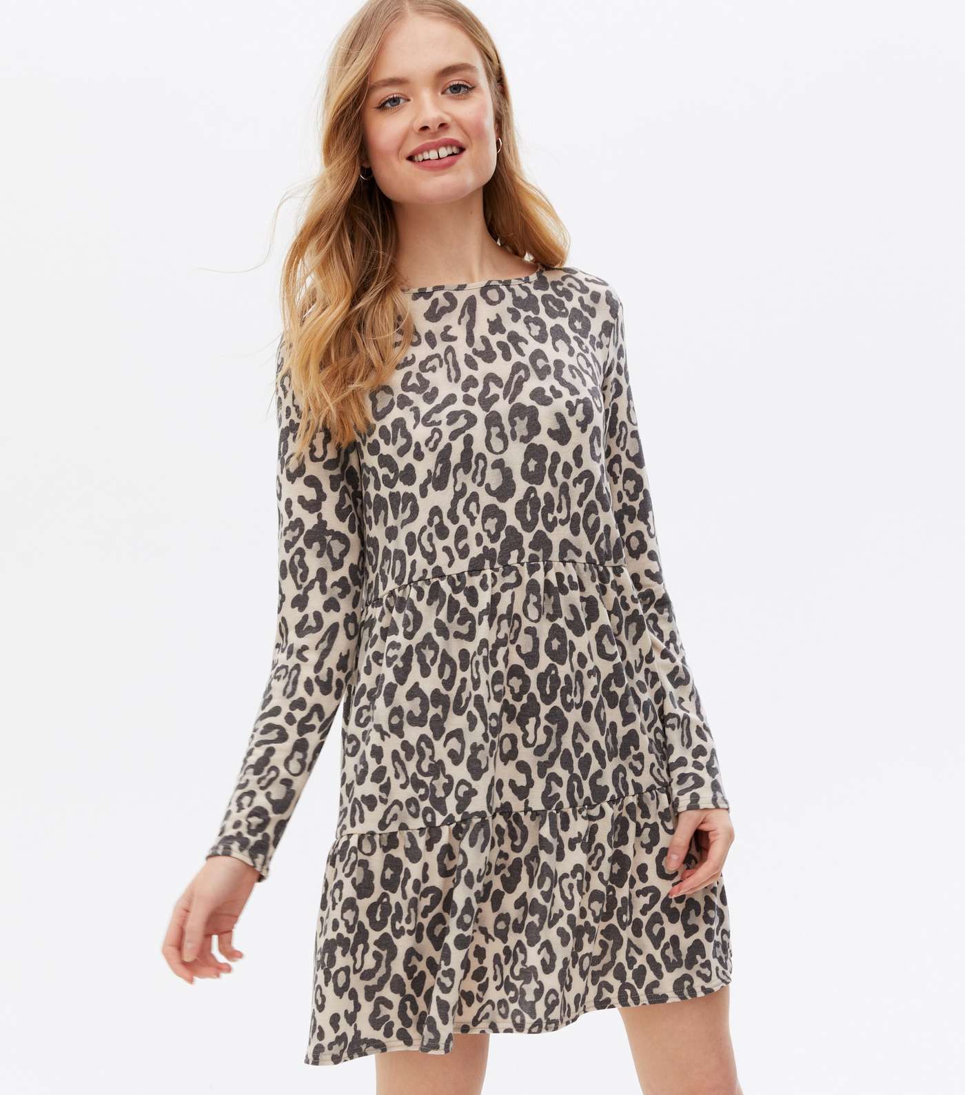 Off White Leopard Print Fine Knit Mini Smock Dress