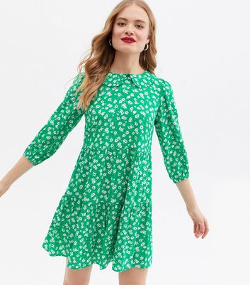 Green Ditsy Floral Frill Collar Mini Smock Dress New Look