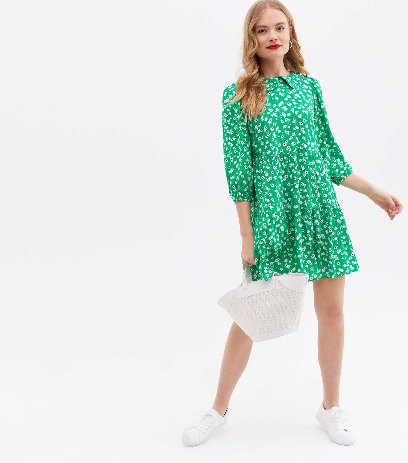 Green Ditsy Floral Frill Collar Mini Smock Dress Image 2