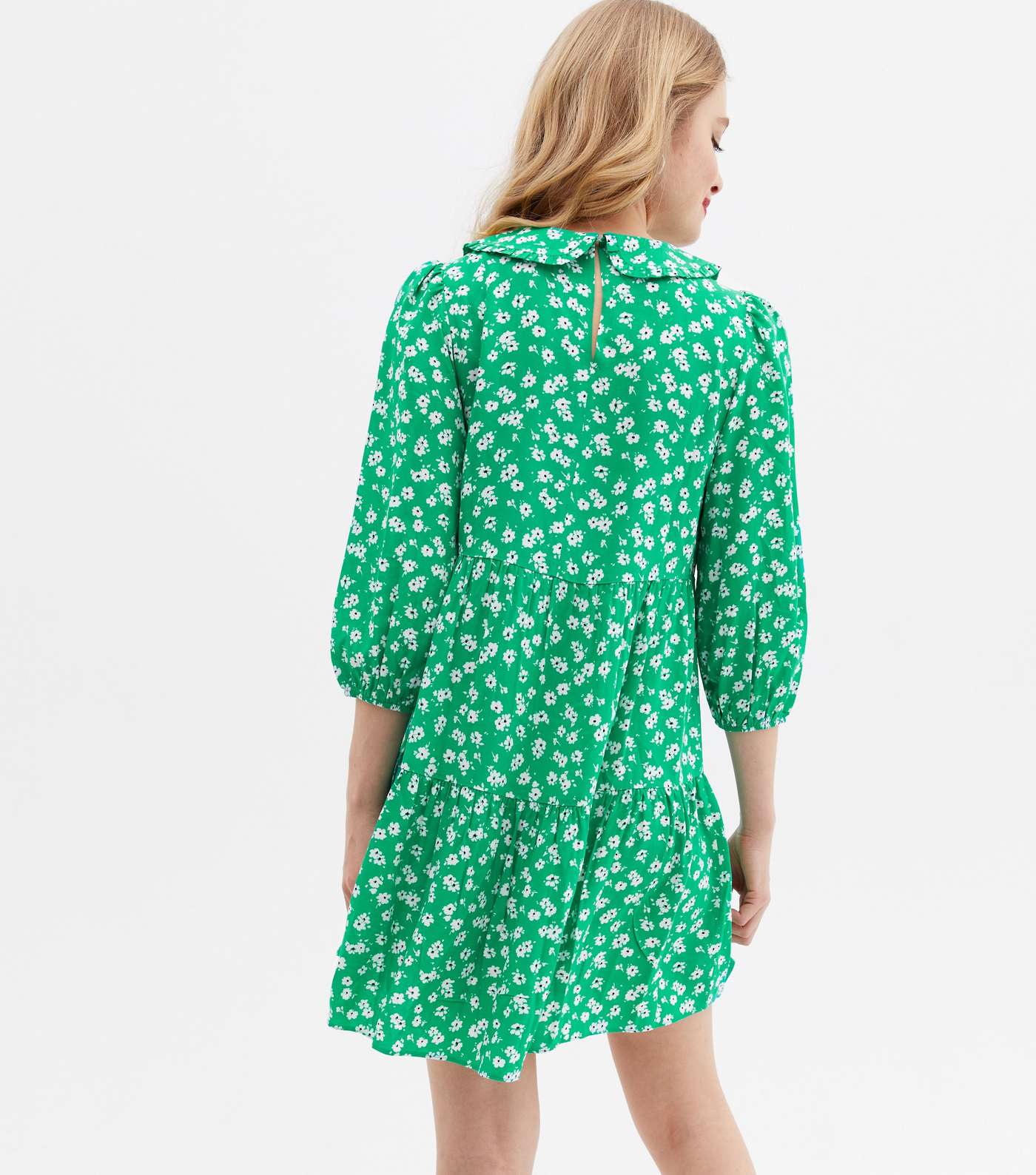 Green Ditsy Floral Frill Collar Mini Smock Dress Image 4