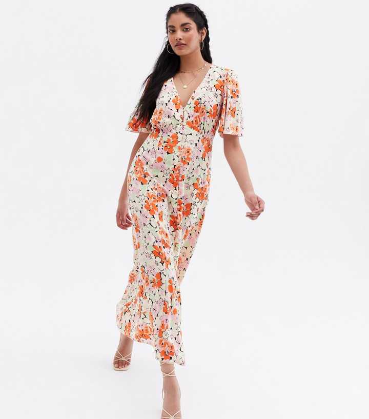 Orange Floral Button Front Midi Dress