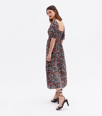 Black Floral Ruched Square Neck Midi 
