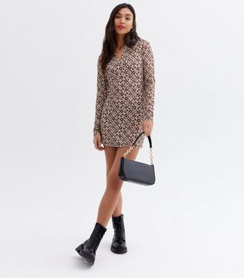 Brown Retro Floral Jersey Micro Mini 