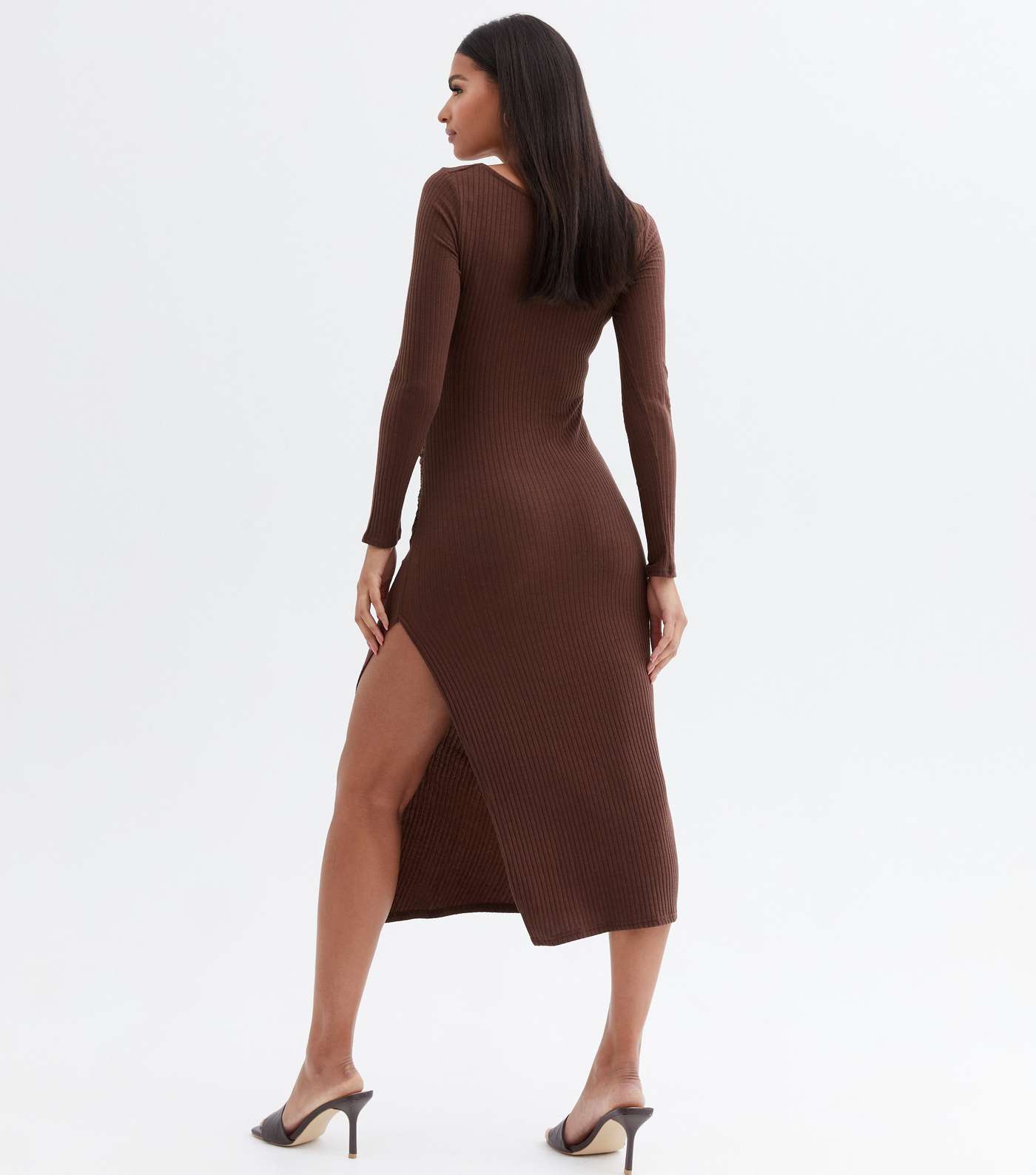 Dark Brown Ribbed Jersey Ruched Split Midi Dress Image 4