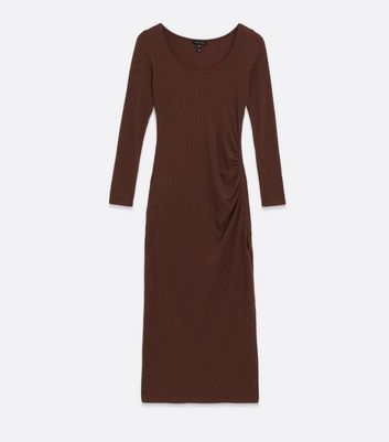 Damen Bekleidung Dark Brown Ribbed Jersey Ruched Split Midi Dress