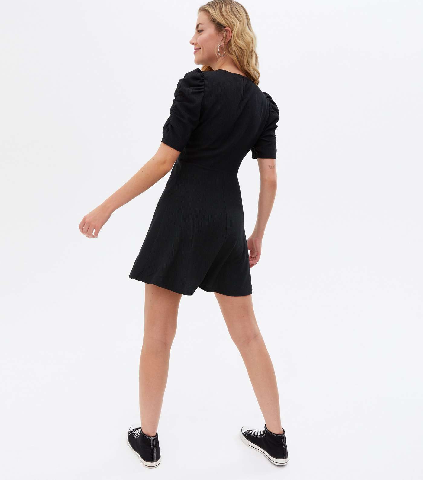 Black Crinkle Jersey Ruched Sleeve Mini Dress Image 4