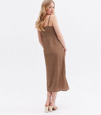 Brown Spot Ruched Bustier Split Midi Dress New Look