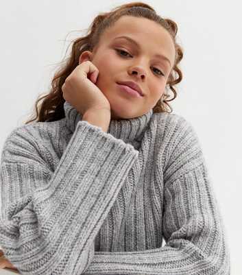 Girls Pale Grey Ribbed Chunky Knit Roll Neck Jumper