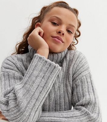 Girls Pale Grey Ribbed Chunky Knit Roll Neck Jumper New Look