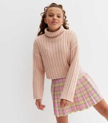 Girls Pale Pink Ribbed Chunky Knit Roll Neck Jumper