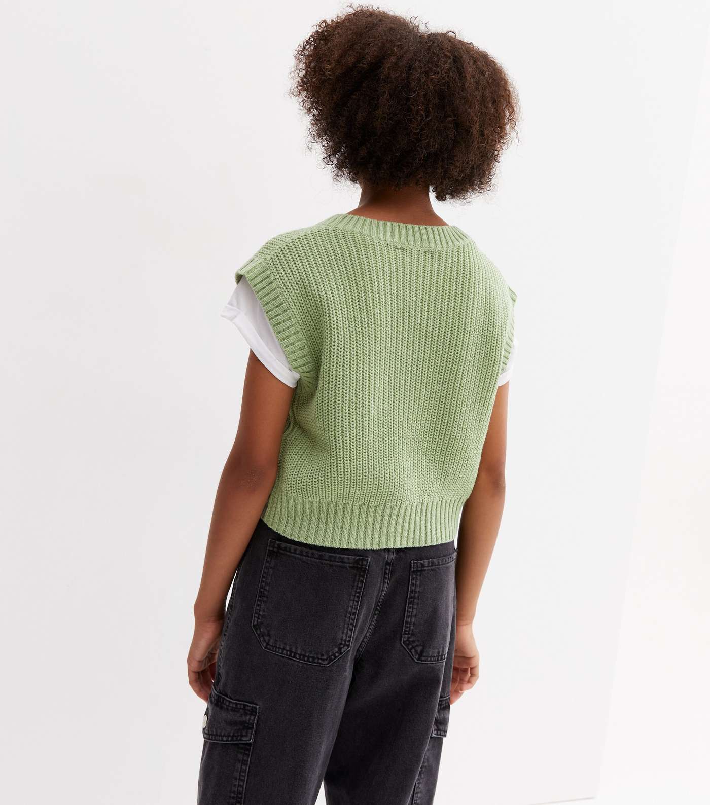 Girls Light Green Chunky Knit V Neck Vest Image 4