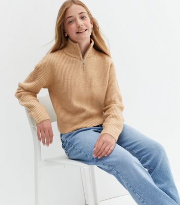 New Look Girls' Light Brown Ribbed Knit Zip High Neck Jumper - 14-15 Years