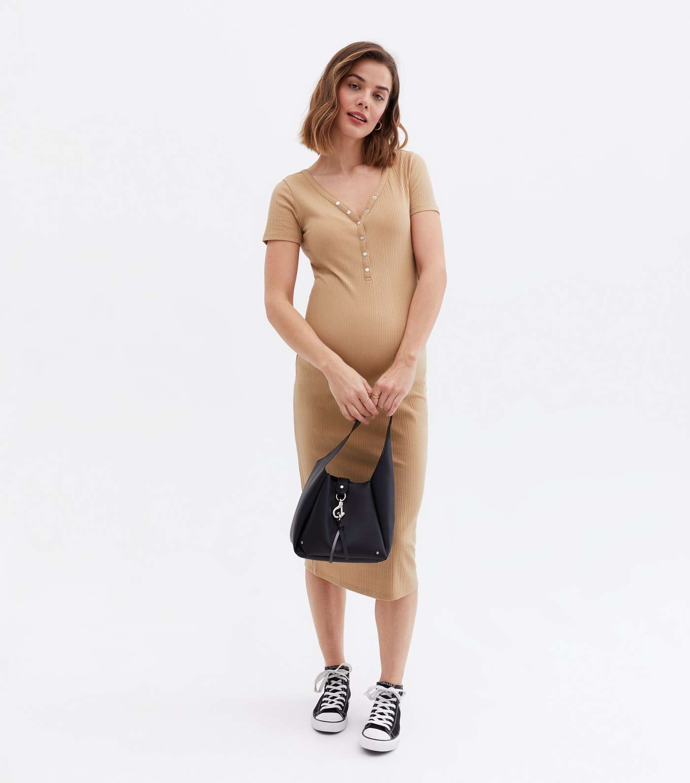 Maternity Camel Short Sleeve Popper Midi Dress Image 2