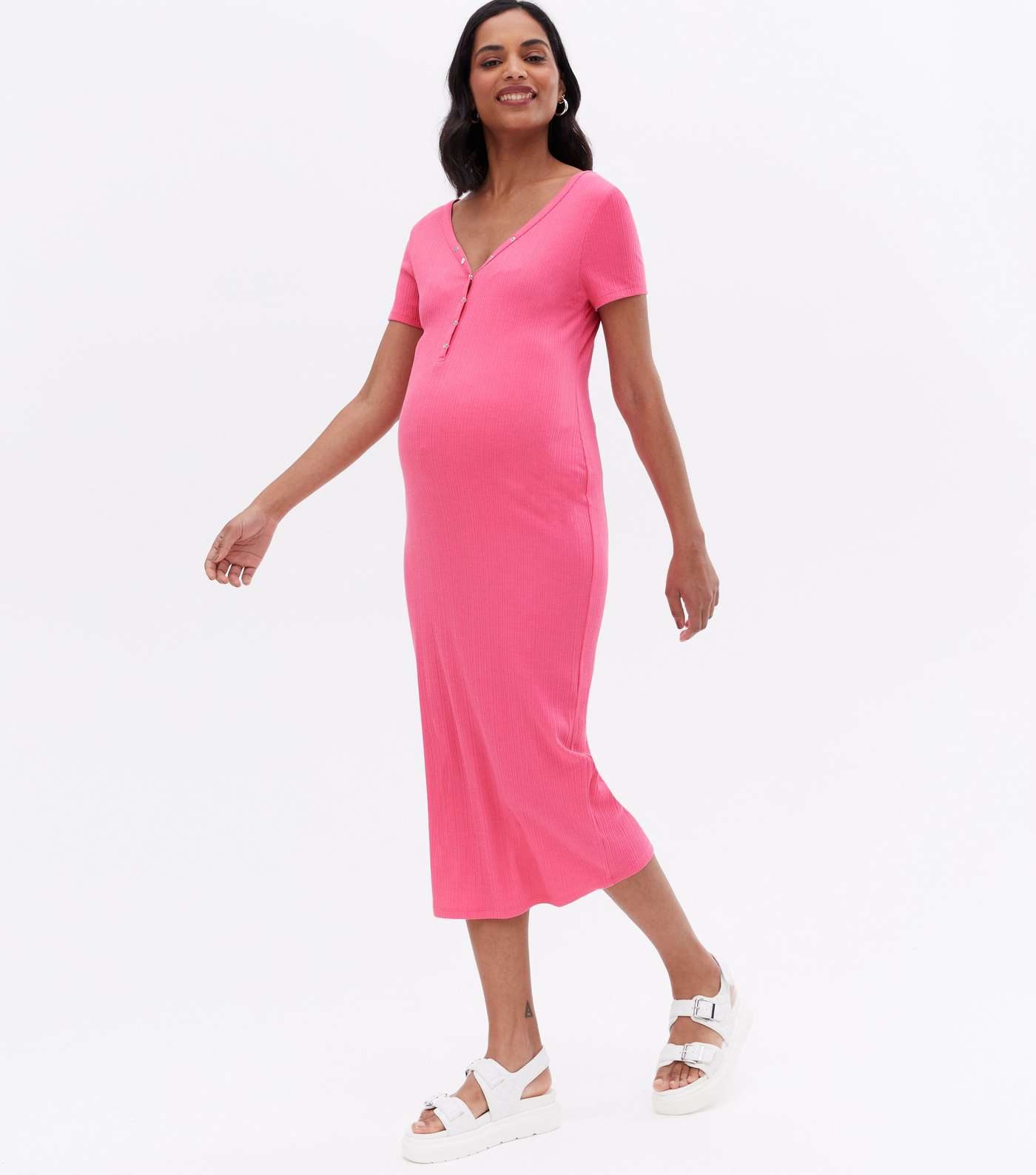 Maternity Bright Pink Short Sleeve Popper Midi Dress Image 3