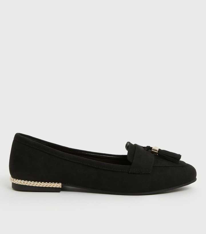 Black Suedette Chain Trim Tassel Loafers