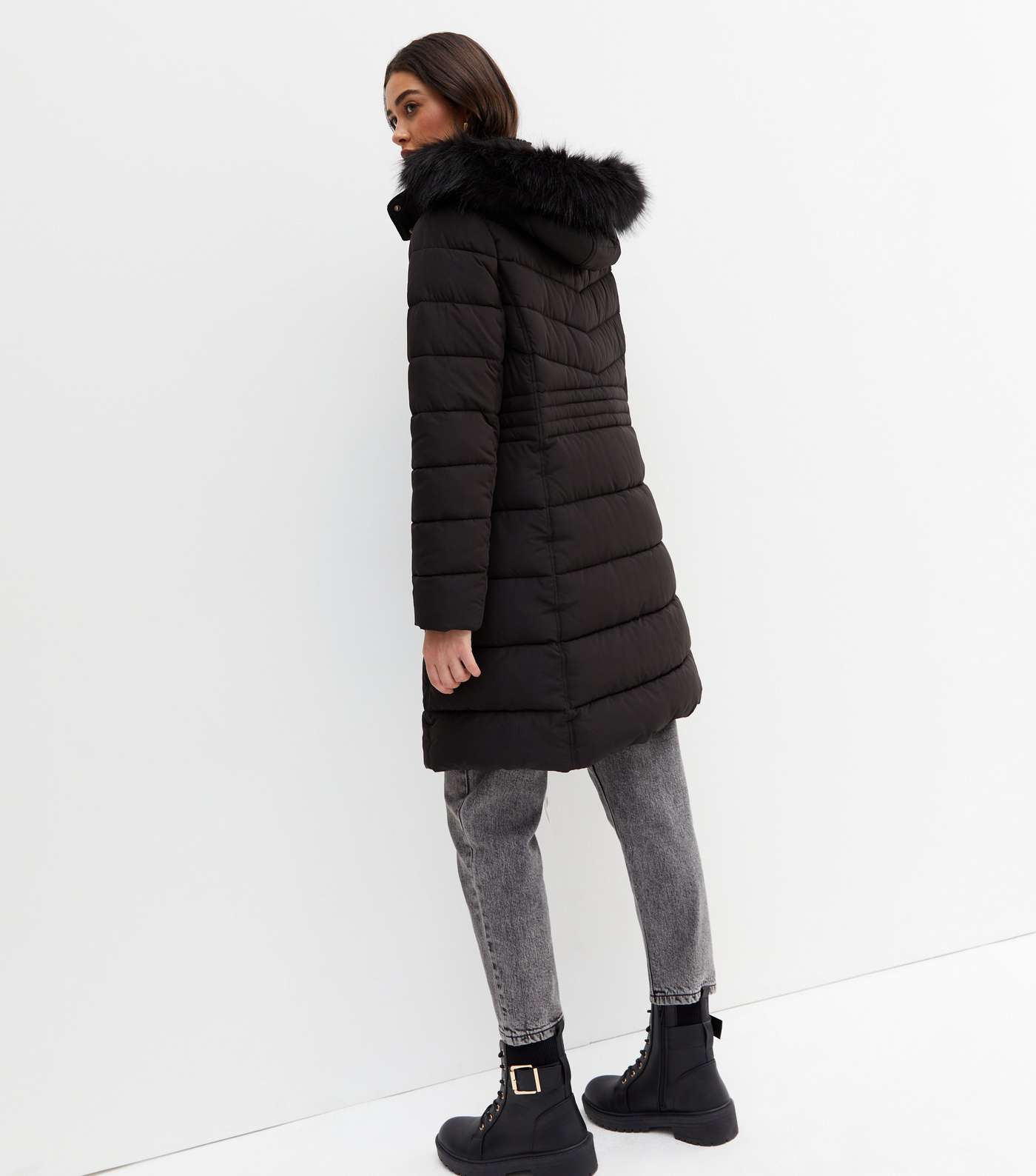 Black Faux Fur Trim Hooded Long Puffer Coat Image 4
