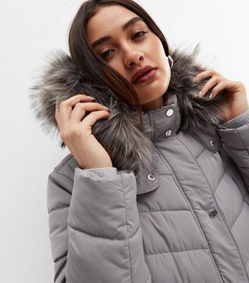 Grey faux fur 2025 trim longline puffer jacket