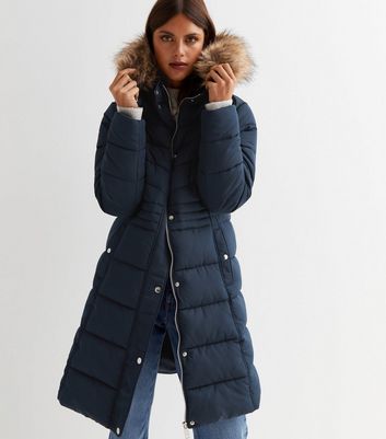 Womens navy blue deals coat with fur hood