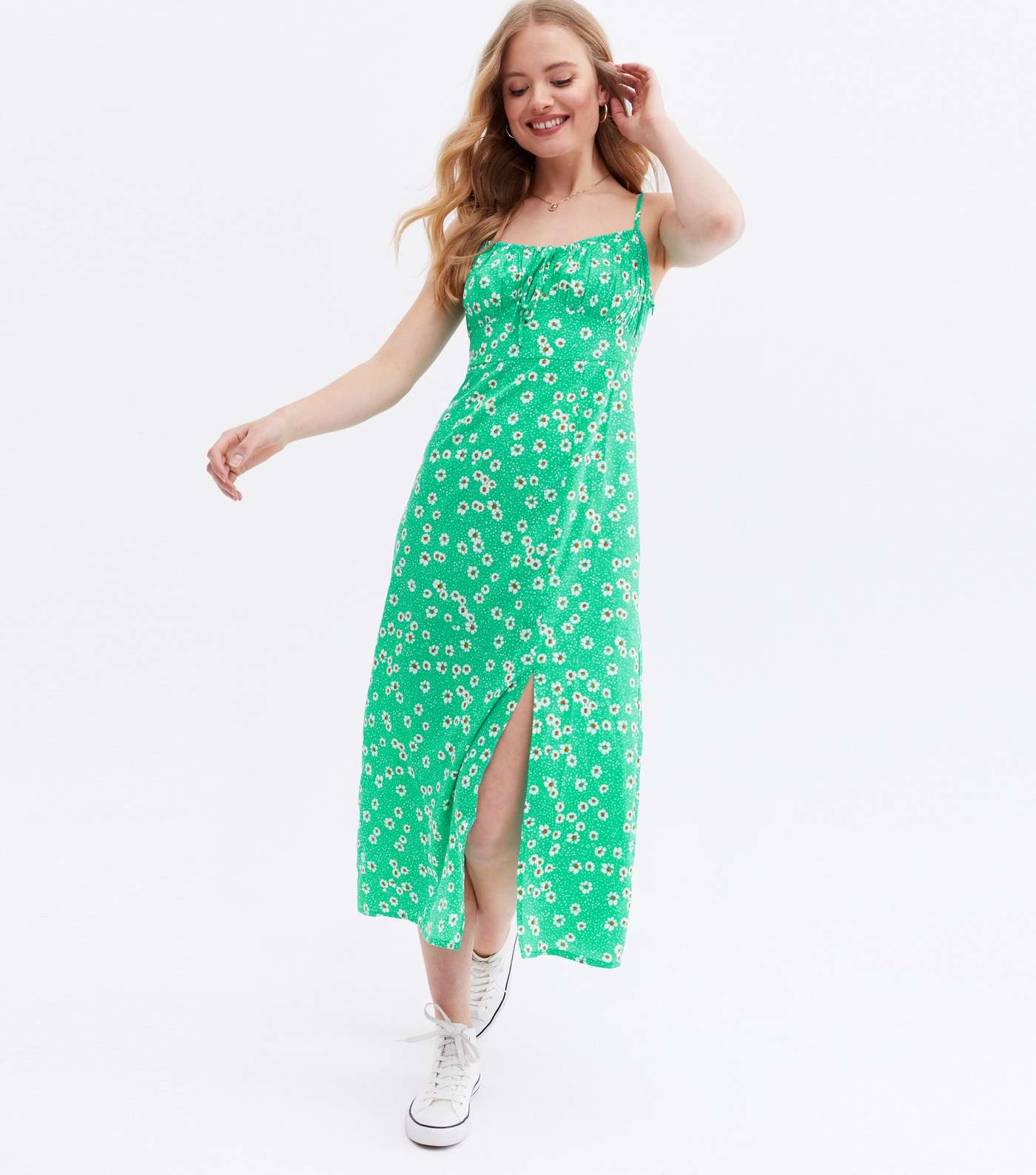 Green Floral Ruched Bustier Split Midi Dress