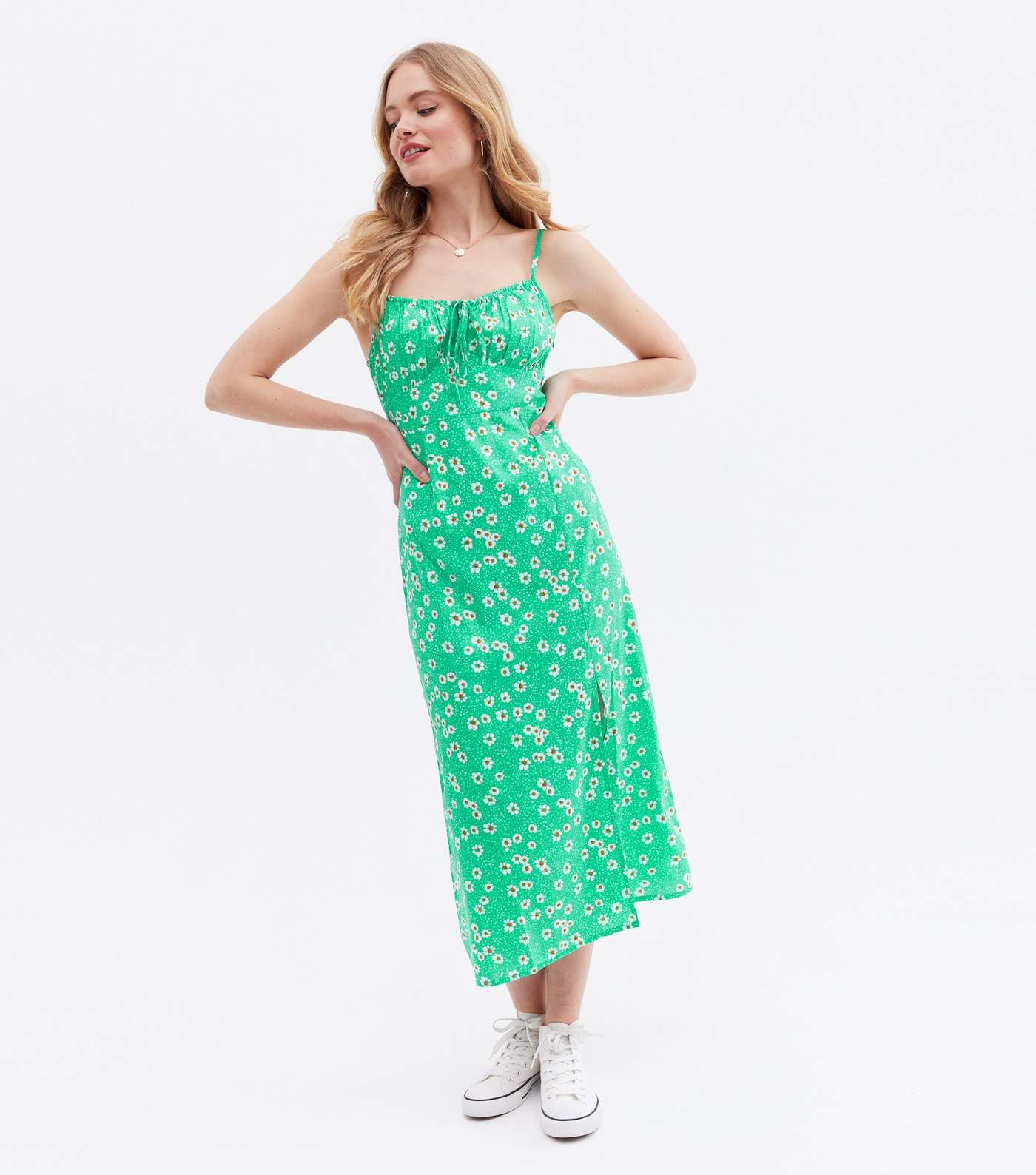 Green Floral Ruched Bustier Split Midi Dress Image 3