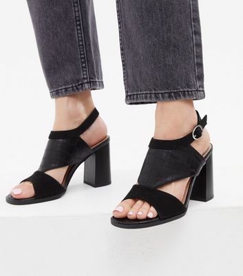 Damen Schuhe & Stiefel Black Suedette Faux Croc Block Heel Sandals