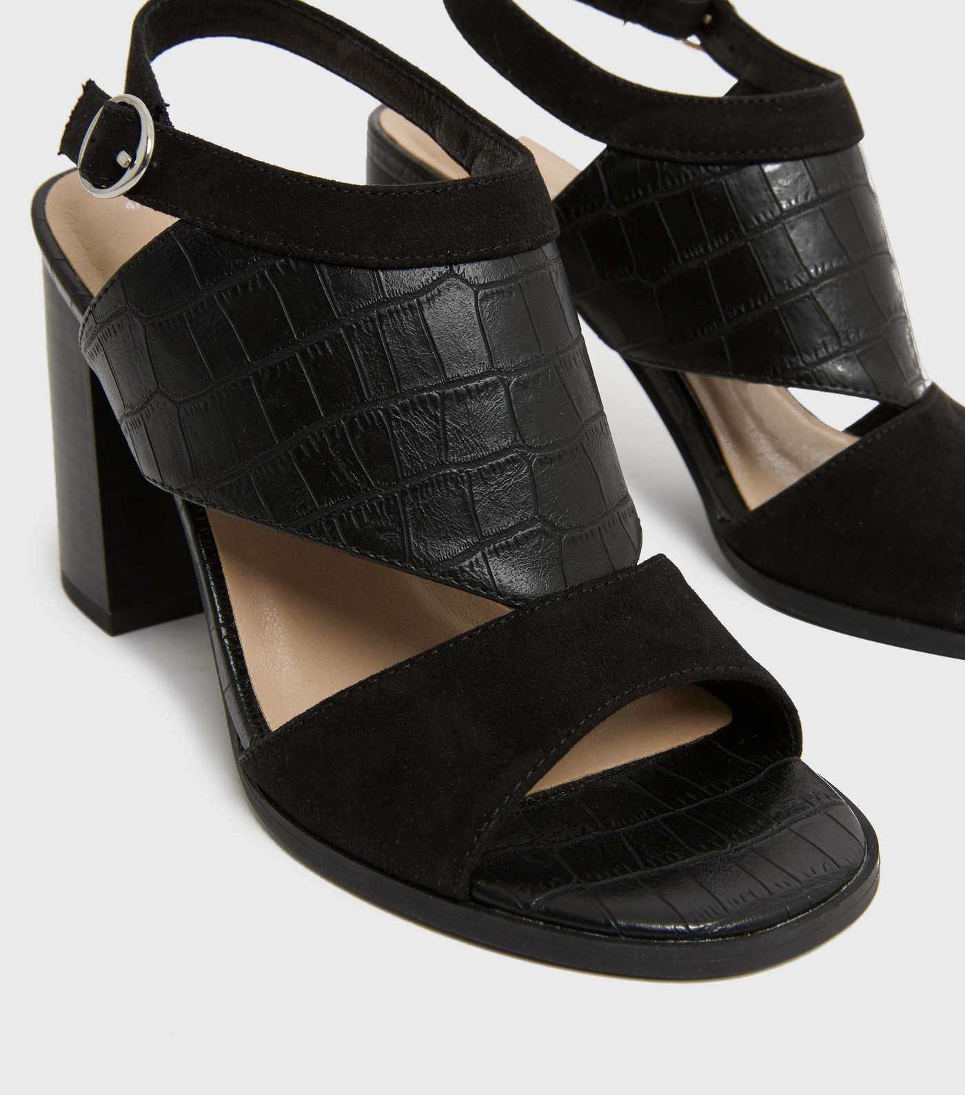 Black Suedette Faux Croc Block Heel Sandals Image 4