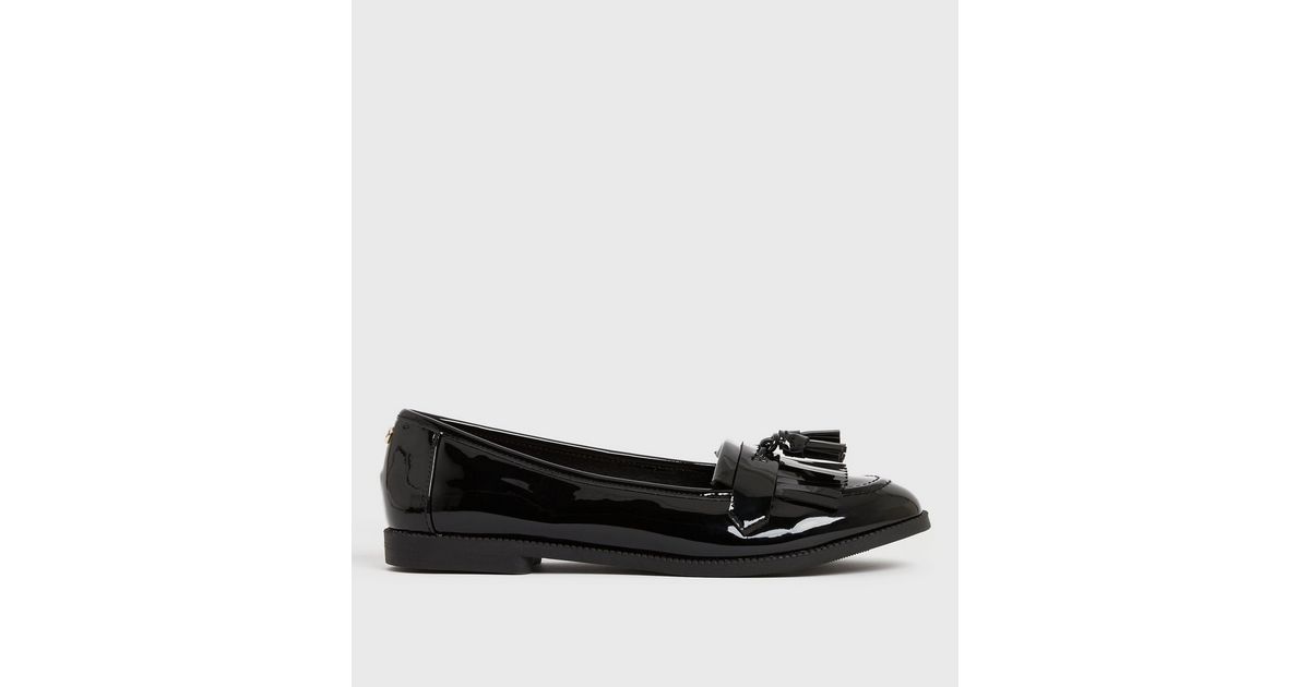 Black Patent Tassel Rounded Loafers New Look