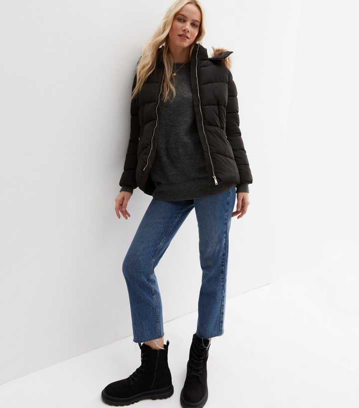 Black Petite Faux Fur Hood Puffer Coat