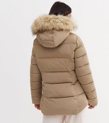 camel puffer coat with fur hood