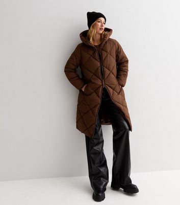 Dark Brown Diamond Quilted Long Line Hooded Puffer Coat New Look