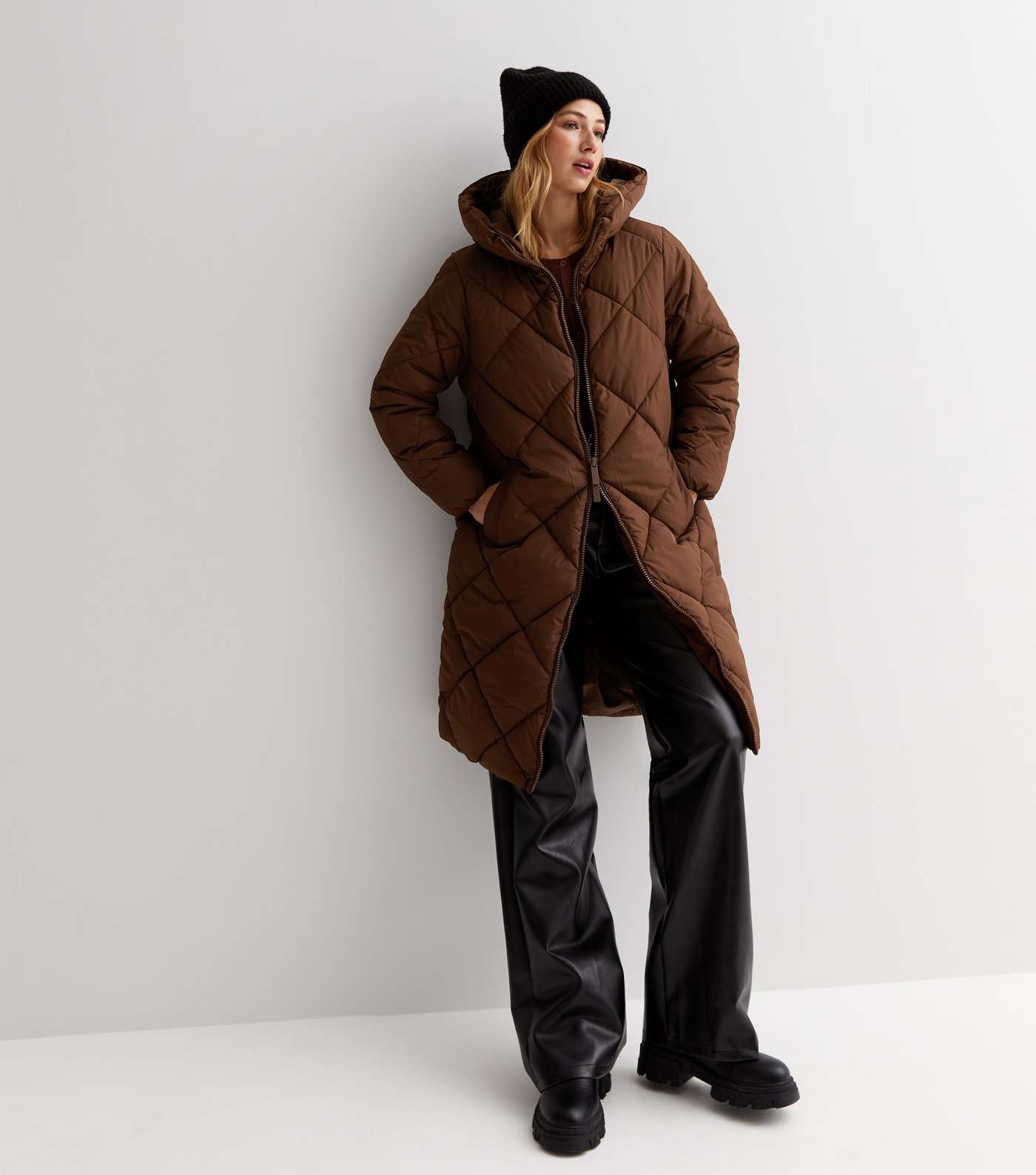 Dark Brown Diamond Quilted Long Line Hooded Puffer Coat