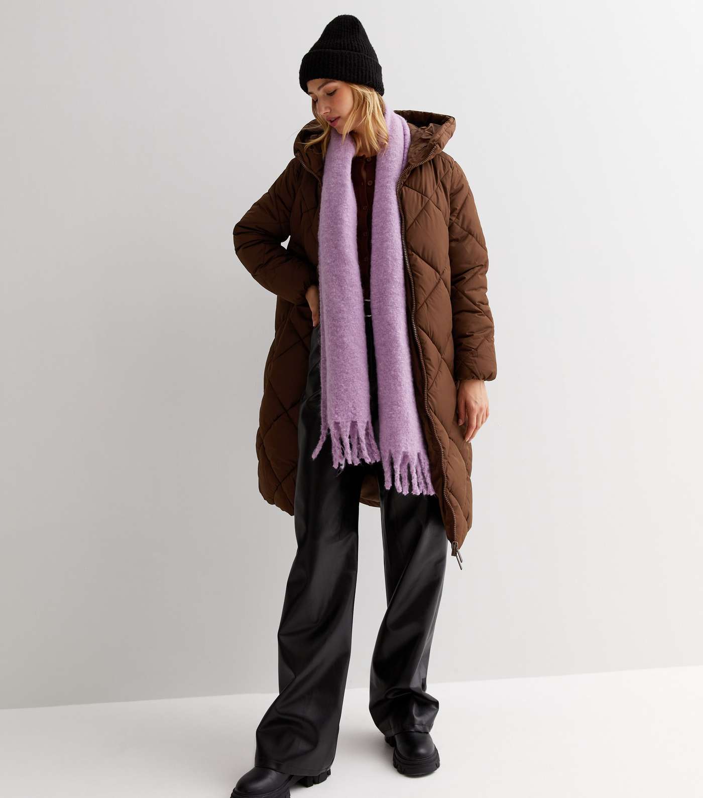 Dark Brown Diamond Quilted Long Line Hooded Puffer Coat Image 3