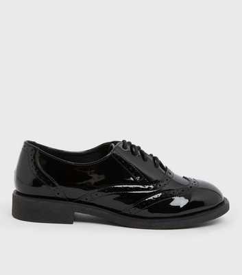 Girls Black Patent Perforated Trim Lace Up Brogues